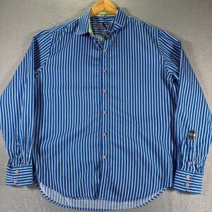 Robert Graham Button Up Shirt Mens XL Tailored Fit Blue Stripe Flip Cuff Classic